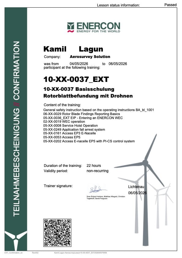 ENERCON-Schulungsnachweis Rotorblattbefundung mit Drohnen